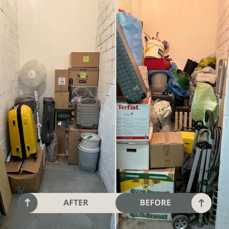 Before and after basement decluttering by Kasia Sierant – Let It Go Decluttering. A transformed storage area showing how decluttering brings order, clarity, and space.